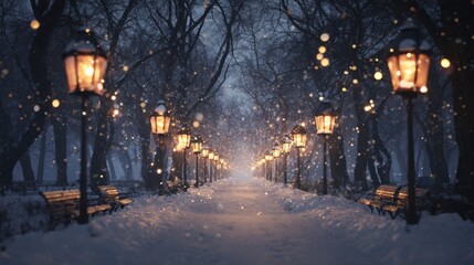 snow covered park path lined with glowing lanterns at dusk, falling snowflakes, serene winter cinematic scene with deep perspective
