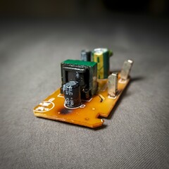 close up of electronic components on a burnt circuit board background