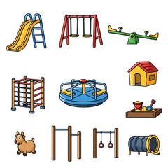 Illustration of playground equipment isolated on transparent background includes a slide, swings, seesaw, climbing frame, merrygoround, playhouse, sandbox, goat, bars, and tunnel
