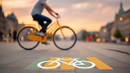 Bicycling Journey: A cyclist glides effortlessly along a dedicated bicycle lane, the sun casting a warm glow on the asphalt. The image captures the spirit of urban mobility and the joy of cycling.