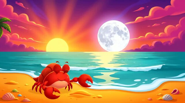 Cartoon crab on tropical beach sunset with sun and moon