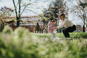 A mother lovingly assists her young daughter as they play together outdoors in a serene park setting, surrounded by trees and grass, illustrating nurturing care and joyful childhood moments in nature.