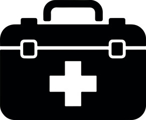 Obraz premium Black silhouette icon of a first aid kit with a white cross symbol for medical emergency and healthcare