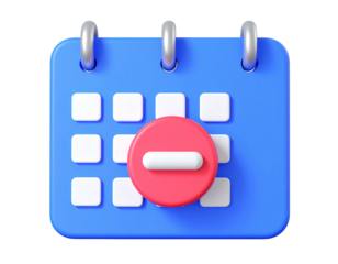 3D rendered blue calendar icon with white dates and a prominent red circle with a horizontal white bar