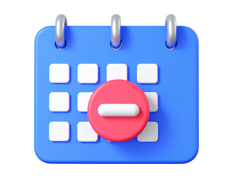 3D rendered blue calendar icon with white dates and a prominent red circle with a horizontal white bar
