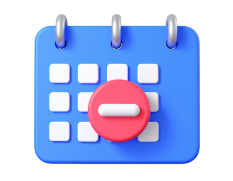 3D rendered blue calendar icon with white dates and a prominent red circle with a horizontal white bar