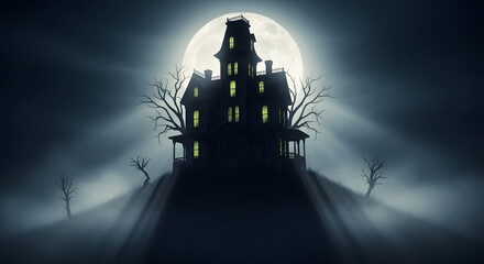 Spooky Haunted House Silhouette Against Moonlight Eerie Halloween Scene Dark Estate Ghostly Ambiance Mysterious Mansion Creepy Building Nightmare Landscape