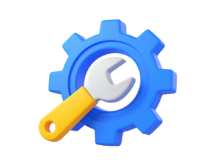 3D rendering of a blue gear with a yellow-handled wrench laid over it, set against a plain black backdrop