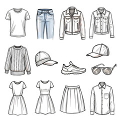 Illustration of handdrawn sketch of various clothing items, including shirts, jeans, jackets, dresses, and accessories isolated on transparent background a stylish vector illustration