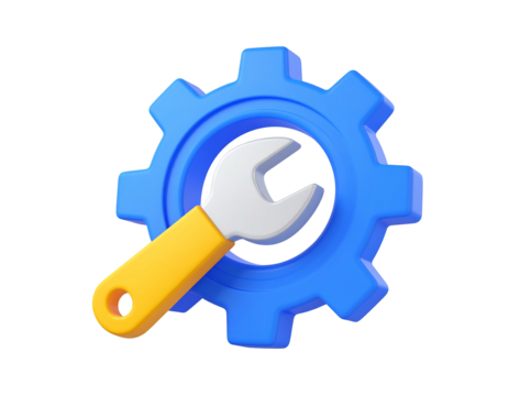 3D rendering of a blue gear with a yellow-handled wrench laid over it, set against a plain black backdrop - Powered by Adobe
