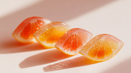 Detailed view of orange-shaped jelly fruit snack, surrounded by assorted flavored jelly fruits, colorful and glossy, isolated background, studio lighting