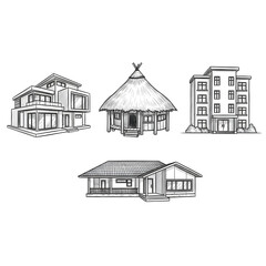 Illustration of collection of house sketches isolated on transparent background, showcasing diverse architectural styles from modern to traditional, ideal for real estate and design projects
