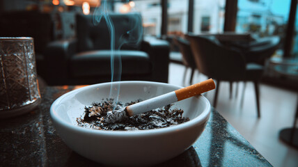 Cigarette resting in a decorative ashtray on a dark surface - Concept of worldwide day without tobacco