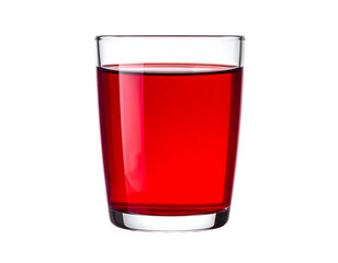 A clear glass filled with vibrant red liquid isolated against a pure black backdrop, showcasing its color and clarity