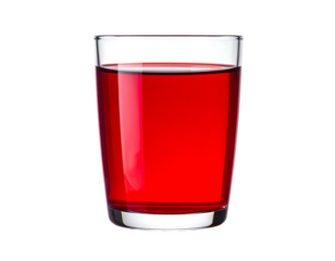 A clear glass filled with vibrant red liquid isolated against a pure black backdrop, showcasing its color and clarity