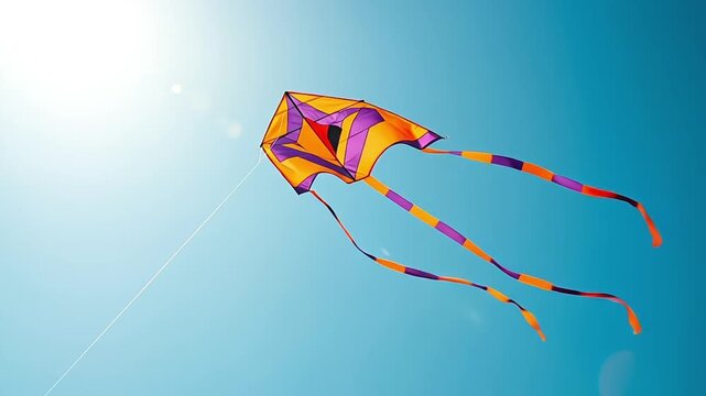 A vibrant orange and purple kite soars gracefully against a bright blue sky.