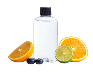 A clear liquid-filled bottle is flanked by oranges, a lime, and blueberries against a plain, dark background