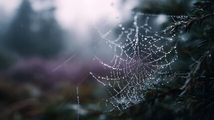 Dew drops glisten on a delicate spider web in a misty morning forest