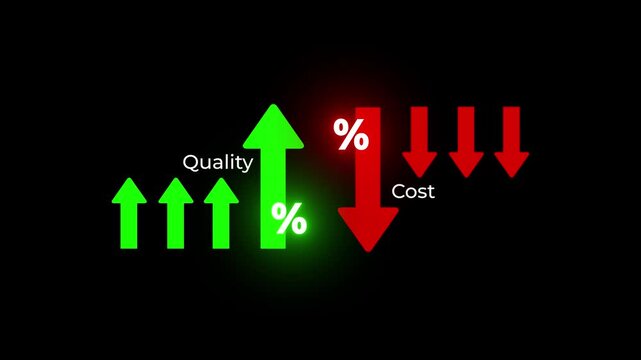 Cost and quality control concept. Person hold virtual cost and quality icons to Improve work efficiency for quality control and company cost reduction. quality with up arrow and cost with down arrow.