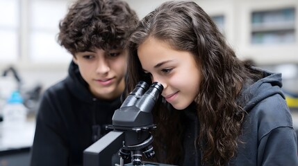 Two young students intently observe through a microscope in a science laboratory