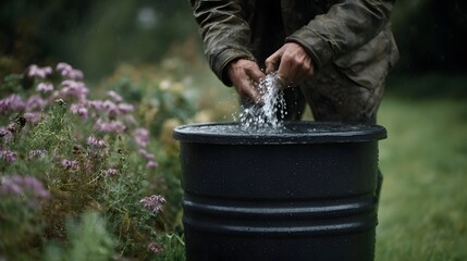 A person s hands collect rainwater in a black barrel amidst a garden setting with purple flowers and lush greenery visible