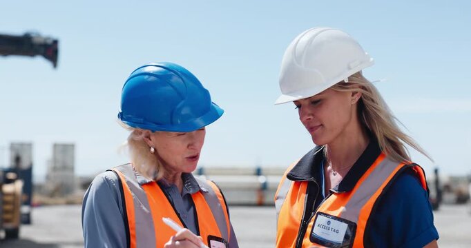 Construction site, supervisor and women with blueprint, team and discussion for property development. Architecture, manager and explaining schedule to colleagues, people or plan for quality assurance