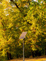 Landscape of city park with solar panel in autumn. Novi Sad, Serbia.