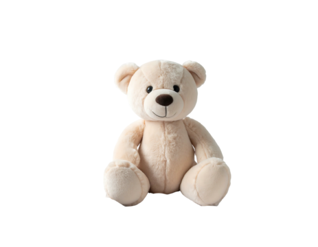 A cream teddy bear sits centered in the frame against a black backdrop, casting soft shadows