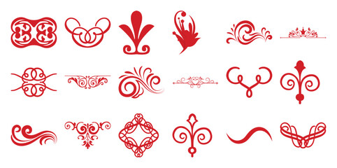 Collection of Red Decorative Flourishes and Ornate Swirls
