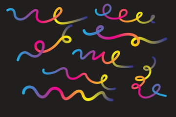 Colorful wavy curved lines on black background forming playful abstract pattern representing creativity movement and dynamic art concept