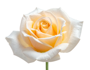 A creamy-peach rose bloom, tightly curled petals, isolated on a black background, covered in tiny water droplets