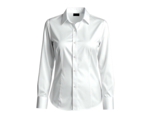 A crisp, white, button-down shirt with long sleeves is displayed against a black background