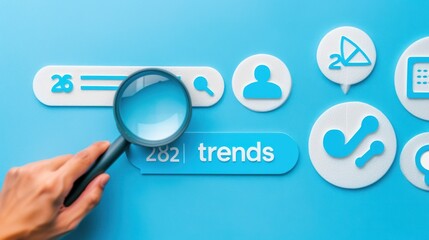 Hands Holding Magnifying Glass Over Digital Trends Icons on Blue Background