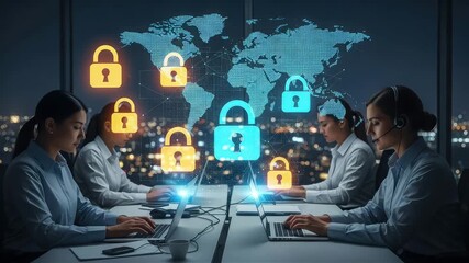 Cybersecurity team working in a modern office with global network security and digital locks overlayed on world map - Powered by Adobe