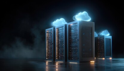 Server racks with glowing clouds