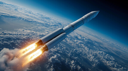 Heavy Launcher Leaves Twin Fiery Jets Above Curved Earth During Rapid Climb Toward Near-Space