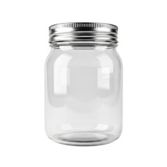 Empty Glass Mason Jar with Silver Lid on White Background.