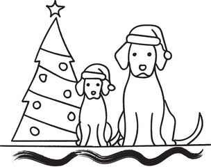 Festive Felines Holiday Season Cheer: Charming Outline Illustration featuring Happy Dogs with Santa Hats Beside Decorated Fir Tree for Holiday Greetings