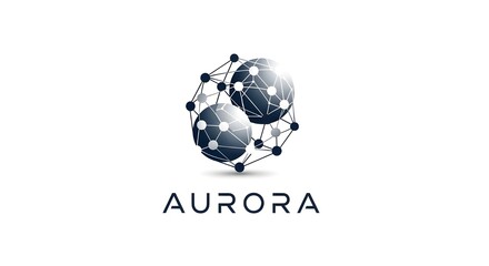 A futuristic logo design for Aurora, showcasing interconnected metallic spheres linked by network nodes.