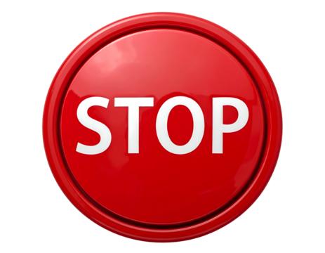 A 3D-rendered, bright red, glossy button with white "STOP" text, shadowed on a black background