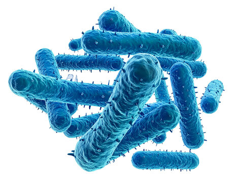 A 3D render of elongated, textured, blue rod-shaped bacteria or microorganisms against a dark background