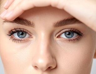 Obraz premium Close-up of a woman's face with piercing blue eyes. Hand shades forehead