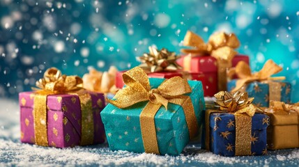 Colorful christmas gifts with falling snow on blue background