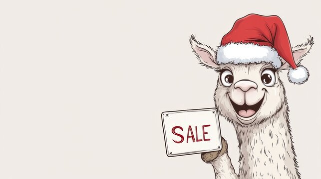 Llama mascot wearing santa hat showing sale sign