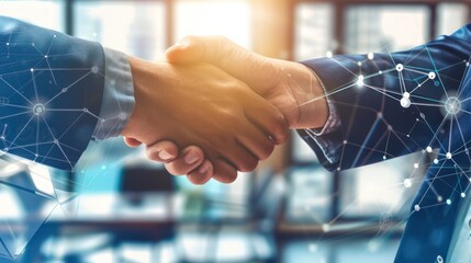 Handshake Between Business Professionals in Modern Office with Digital Network Overlay
