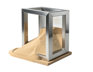 A cubic, open frame structure contains a sand pile on a wooden base, against a black backdrop with subtle gradations