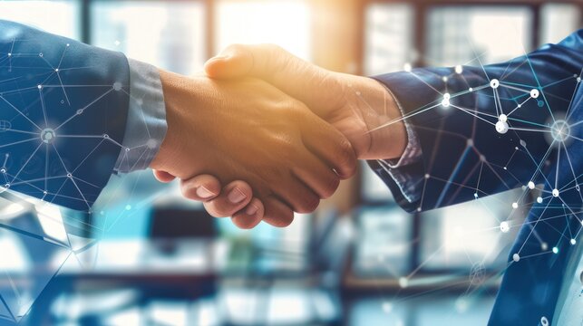 Handshake Between Business Professionals in Modern Office with Digital Network Overlay