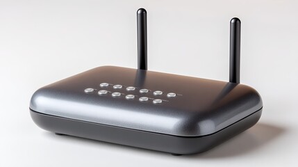 Modern Wireless Router with Two Antennas in Studio Lighting on a White Background Demonstrating Connectivity Technology