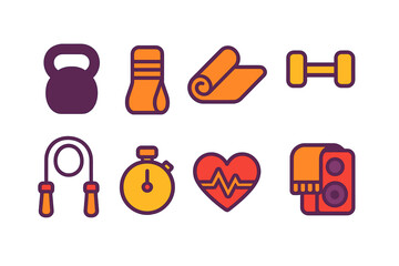 Colorful collection of essential gym and workout equipment items including kettlebell dumbbell and jump rope