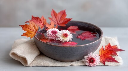 Moody Autumn Still Life Arrangement Featuring Red Maple Leaves and White Chrysanthemums Floating in Dark Water Within a Dark Bowl on a Textured Neutral Cloth